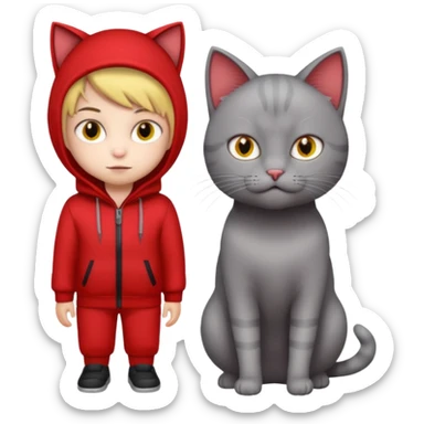 There is a kid wearing all red. Next to him there is a gray cat that has a red cat outfit and the cat has yellow eyes sticker