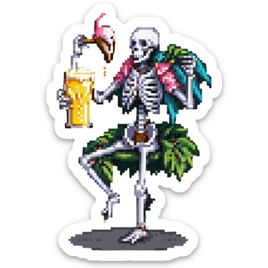 skeleton drinking a beer while balancing on one leg like a flamingo sticker