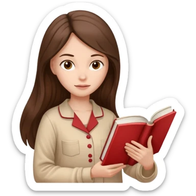 Девушка брюнетка с длинными волосами, карими глазами в пижаме с книгой. Картинка должна были в цветах: бежевый, бледно красный и коричневый sticker