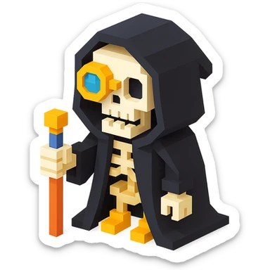 a skeleton man wearing a dark black cloak with steampunk vibes, voxel style sticker