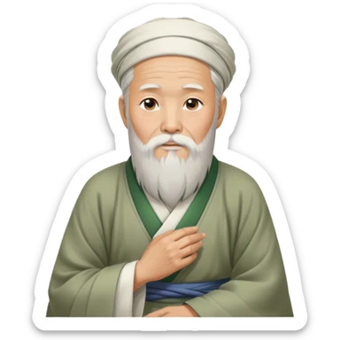 Old oriental sage with white beard and traditional Chinese clothing in contemplative pose, looking thoughtful with hand on chin sticker