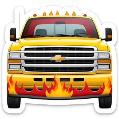 1997 yellow Chevy C-2500 Crew Cab with red flame design only painted on the front bumper, movie-accurate Kill Bill truck detail, 30-degree view, iOS emoji style sticker