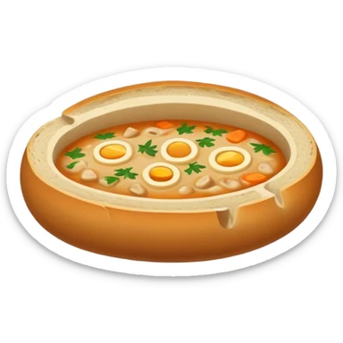 Żurek Cinematic Realistic Żurek Soup Dish Emoji, depicted as a tangy rye soup served inside a hollowed-out round loaf of bread, rendered with rich textures and dynamic, comforting lighting. sticker