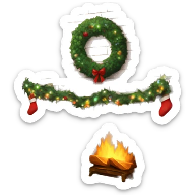 Brick Fireplace with wreath and Christmas lights and stockings sticker