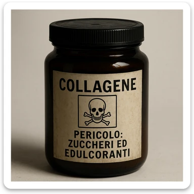 realistic collagen jar with Italian label 'Pericolo: zuccheri ed edulcoranti', poison symbol, dark atmosphere, realistic details, white background sticker