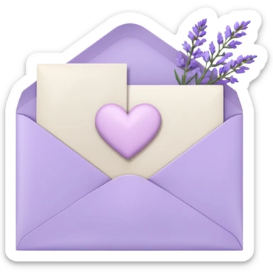 a closed pastel light whitish purple envelope wit a white heart doodle on it, with h some white papers, and lavender flowers laying on top  sticker