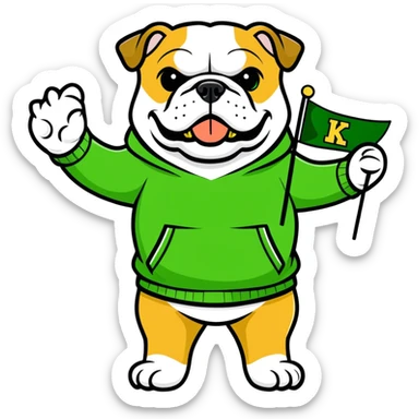 A bulldog wearing a green sweatshirt holding a little green flag sticker