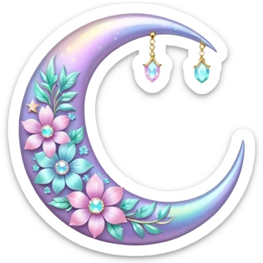 glossy Pastel iridescent floral shiny crystal crescent damask moon sticker