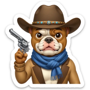 A bulldog wearing a cowboy hat, covering his mouth with a scarf so he wouldn't be recognized, pointing a revolver at you, telling you to hand over your money. sticker