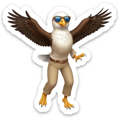 friendly anthropomorphised male eagle in a shirt and pants with sunglasses leaping energetic pose sticker