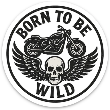 circular motorcycle cap design with transparent background, text 'Born to be wild', motif: motorcycle, wing, skull, iconic style sticker