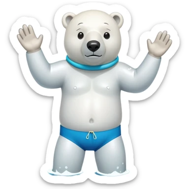 friendly anthropomorphised polar bear standing in a puddle of water, wearing loose board shorts, scuba mask over eyes, inflatable swimming armbands sticker