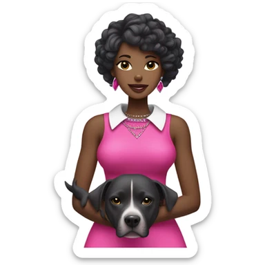 Black lady with black hair wearing hot pink dress hugging large grey pitbull with spiked pink collar sticker