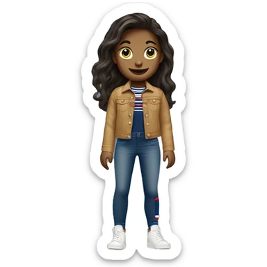 A whight girl with a tommy hilfiger jean jacket and tommy hilfiger tights with all white shoes  sticker