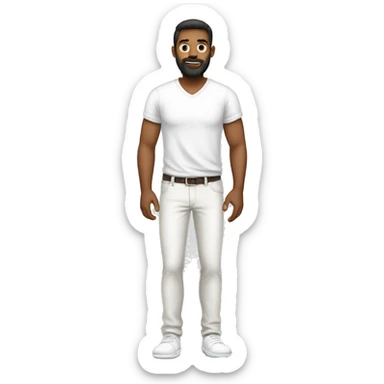 A guy with a beard standing and wearing white pants and white tshirt and shoesless sticker