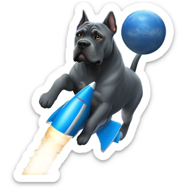 A blue Cane Corso riding on a blue and gold rocket in space. sticker