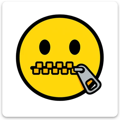 Crea una versione colorata in stile emoji classico, ispirata a questa immagine: emoji gialla con occhi semplici e bocca chiusa da una cerniera. sticker