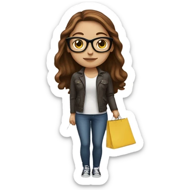 white girl with long brown hair and glasses. she has shopping bags in her hand. sticker