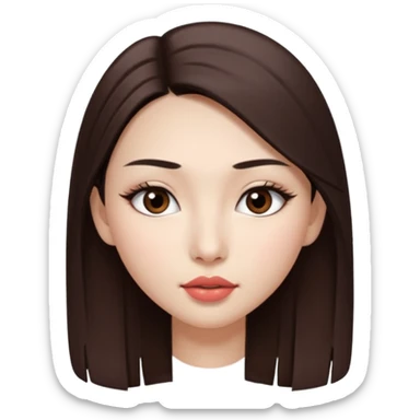Una chica con piel muy clarita con pelo liso largo de color castaño y unos ojos marrones oscuro y labios grandes y nariz bonita y con unas pestañas que parezca asiatica que tenga las cejas un poquito mas juntas sticker