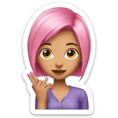 A girl with pink hair showing nails sticker
