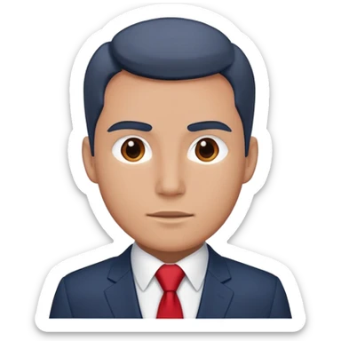 man wearing a dark blue-gray business suit with a white shirt and a red tie sticker