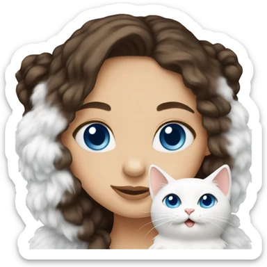brunette with blue eyes holds a white fluffy cat  sticker