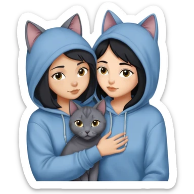 A Russian Blue Cat cuddling with a 25 year old black haired Girl with a hoodie on sticker