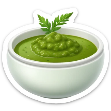 bowl of spicy green chutney with herbs sticker
