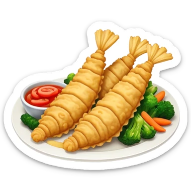 Tempura Cinematic Realistic Tempura Dish Emoji, depicted as extra crispy, lightly battered seafood and vegetables, rendered with vivid textures and dynamic, bright lighting. sticker