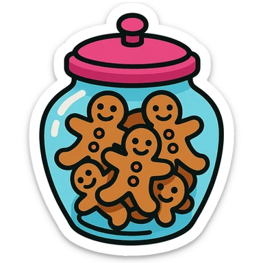 cartoonish glass cookie jar, pink lid, gingerbread cookies, isolated sticker