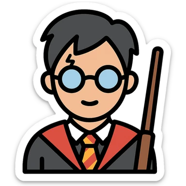 Harry Potter with glasses, lightning scar, and wand in color outline icon style sticker