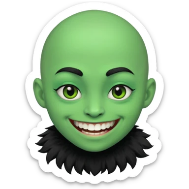 A bald person with bright green sclera and bright green teeth, grinning widely. Has fluffy black neck fur, with a fluffy black body sticker