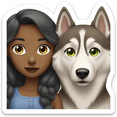 Brown girl with blue eyes next to a female Husky beige golden with green eyes sticker