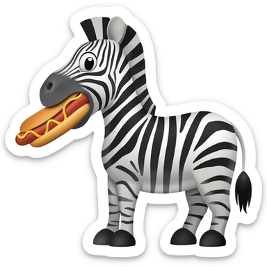 Cartoon zebra side view, holding hot dog in mouth, simple bun and sausage. sticker