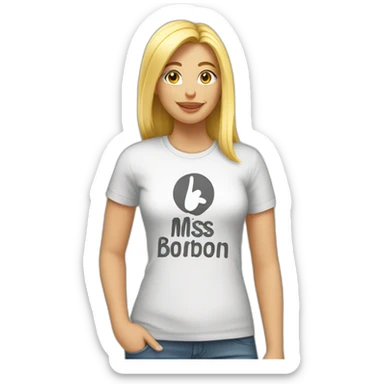 A blonde making the peace sign and wearing a t-shirt with the text "Miss Bourbon" sticker