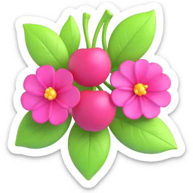 3D iOS-style illustration of two bright pink cherries with green leaves and pink flowers, metallic effect, no background. sticker