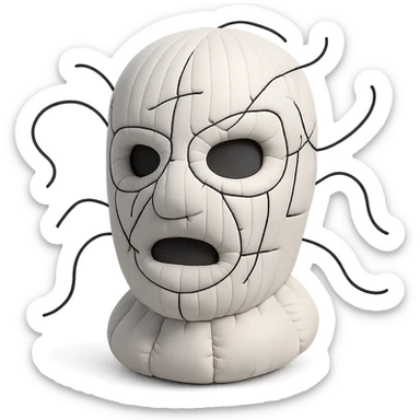 The mask is a full-head, white knitted balaclava with a tight ribbed texture. It features two asymmetrical eye openings and a partially exposed mouth area. Black thread is stitched across the surface in chaotic, abstract lines that trace facial features, giving a hand-drawn effect. Several black cords extend outward from the mask, varying in length and direction, adding a sculptural, almost organic appearance. The overall look is bold, handcrafted, and visually striking. sticker