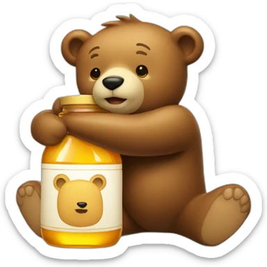 A bear hugs an honey bottle with love sticker