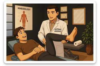 su questo lettino rappresenta un webtoon manga a colori con questo stile, in cui un uomo è steso sul lettino medico e il kinesiologo con il camice bianco (fagli anche la scritta "ANTONIO ANANIA" SUL CAMICE, gli solleva una gamba per fargli il test neuromuscolare, IL KINESIOLOGO SPIEGA ALL'UOMO UNA cosa mentre gli alza la gamba. l'espressione dell'uomo è felice e soddisfatta, non fare i fumetti però, fai solo in modo che sembri stiano parlando sticker