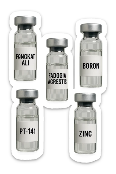 3 fiale mediche: Tongkat Ali, Fadogia Agrestis, PT-141, Boron e Zinco fluttuano in aria verticalmente sticker