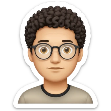 Oval-faced man with large oval metal frame glasses, short curly dark hair with high fade cut, light tan skin, friendly neutral expression, black shirt sticker