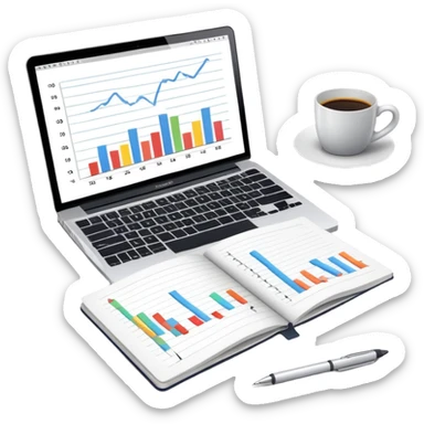 top view of a MacBook and a notebook with a pen nearby, notebook pages filled with handwritten bar charts sticker