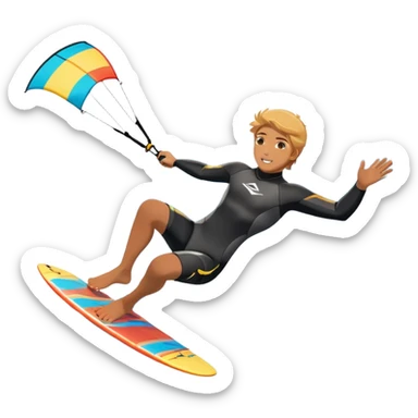 An athlete in a wetsuit riding a kiteboard, soaring over the sea waves with the kite high in the sky. The background features a vibrant blue sky and crashing ocean waves, capturing the thrill and freedom of kitesurfing in dynamic motion. sticker