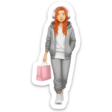 beautiful fair skin red orange long hair white girl light grey big sweatpants light grey big hoodie cozy Ugg shoes beautiful girly full body walking headphones side profile with a pink straw drink holding shopping bags sleepy cozy sticker