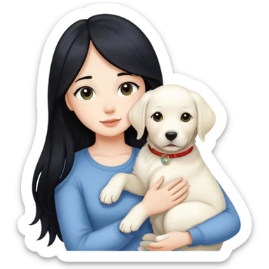 A beautiful girl with long black hair and fair skin is holding a white Labrador sticker