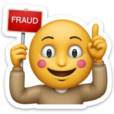 emoji of a cheeky meme character holding a sign that says 'fraud' sticker
