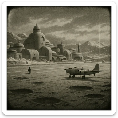 8mm film black and white, no color, light leaks. the image shows post-war reconstruction-era life in the z'rian commonwealth capital region, santa-fe neo-adobe futuristic architechture. arctic temperate region. the image shows a vast airstrip, craters and blast marks sticker