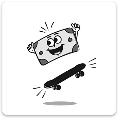 a hand drawn doodle of money riding a skateboard sticker