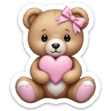 Teddy bear holding white heart with a pink ribbon around it sticker