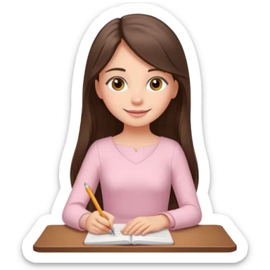 pretty smiling long brunette hair girl with hazel eyes wearing light pink dress writing sticker